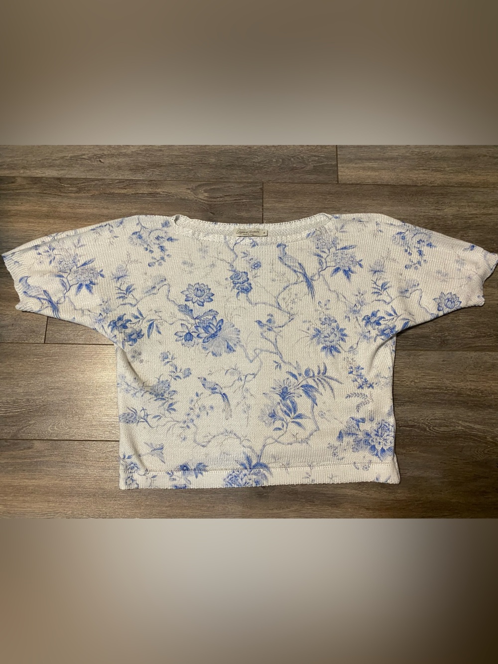 Women's White Knit Sweater with Blue Floral Print